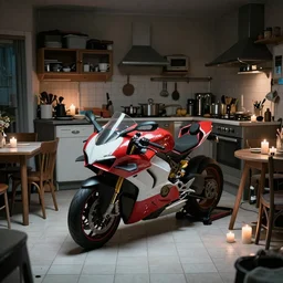a huge 2 0 1 9 ducati panigale v 4 standing in a cluttered but cozy kitchen, in the dark, lots of candles, chairs and tables, white tile on the floor, by paolo pellegrin, by trent parke, prize winning photo, cinematic