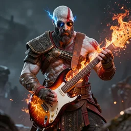 sunglasses kratos shredding a solo, flames bursting from stratocaster guitar, cinematic render, god of war 2 0 1 8, santa monica studio official media, sunglasses, lightning, godlike, epic