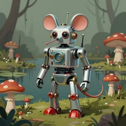 adventurer ( ( ( ( ( 1 9 5 0 s retro future robot android mouse. muted colors. swamp mushrooms island, lillie pads ) ) ) ) ) by jean baptiste monge!!!!!!!!!!!!!!!!!!!!!!!!! chrome red