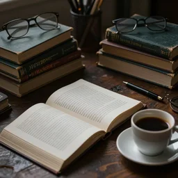 a desk, books, a cup of coffee, hyper realistic style, intricate details, dramatic cinematic lighting by john frederick peto and lengjun