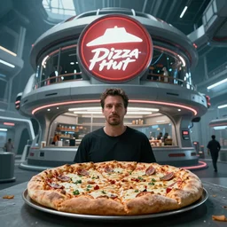 A photograph of a futuristic Pizza Hut. Made for an Italian named Kevin. Stuffed crust. Low angle. Cinematic masterpiece. Award winning Gregory