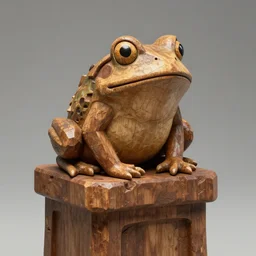 animation, wooden chiseled frog statue, frog sitting on top of pedestal, crude, bare wood, splinters, inperfections, weathered, pedestal, dungeon and dragons