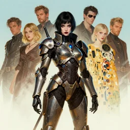 portrait of goth girl in cyber armor, warhammer, cyberpunk, by atey ghailan, by greg rutkowski, by greg tocchini, by james gilleard, by joe fenton, by kaethe butcher, by gustav klimt, dynamic lighting, gradient light blue, brown, blonde cream and white color in scheme, grunge aesthetic