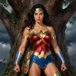 Alexandra Daddario as Wonder women, taking a rest under tree after an long adventure, a ruggedly muscled handsome heroine, intricate, elegant, highly detailed, centered, digital painting, artstation, concept art, smooth, sharp focus, illustration, artgerm, donato giancola, Joseph Christian Leyendecker, WLOP, Artgerm, thunder storm