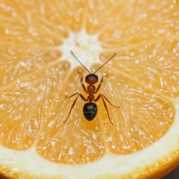 panometric view of an ant walking on a slice of orange