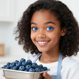 young female black hair bright big blue eyes and a huge smile baking blue berry pie in a small kitchen, 8k, ultra detailed, scene, drawing, trending on artstation, direct view