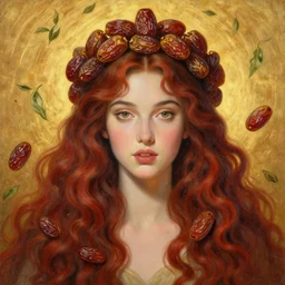 epic painting, full figure portrait of beautiful goddess with with sweet dried dates fruits, medjool dates, dried dates crown,, tea leaves flying background, golden glow background, drawing, photography by amy leibowitz, wlop, jeremy lipkin, beeple, intricate, 4 k, red brown wavy swirly hair, symmetrical front portrait