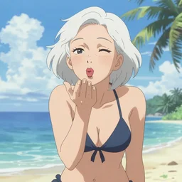beautiful anime older woman in a tiny bikini blows a kiss