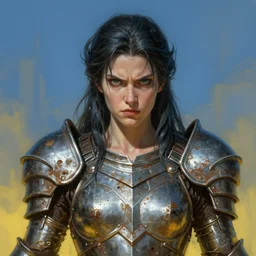 The angry Godess Hera, portrait, highly detailed, digital painting, artstation, concept art, smooth, detailed rusty armor, sharp focus, beautiful face, symmetric face, dystopian, cinematic, videogame cover art, illustration, fantasy, blue and yellow color theme, art by Artgerm and Greg Rutkowski and Alphonse Mucha
