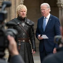 jeffery from the game of thrones standing near joe baiden and give a speech infront of the cameras. 8 k. hd