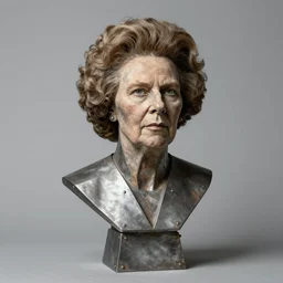 photo of an angular stylised welded cast iron bust of margret thatcher. studio portrait shot.