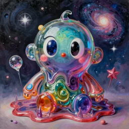 an extremely high quality hd surrealism painting of a 3d cast glass galactic neon complimentary colored cartoon surrealism melting creature by kandsky and salvia dali the fourth, salvador dali's much much much much more talented painter cousin, 4k, ultra realistic, super realistic, so realistic that it changes your life