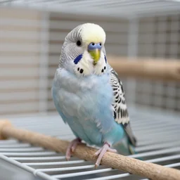 cute white young budgerigar parrot, perching on top of her cage, realistic
