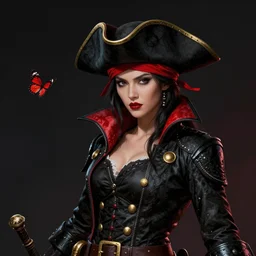 a woman, a fighter in a chinese hat. wearing a black pirate coat. golden buttons, red lining. dark background. next to red butterflies. digital art by Dan Mumford and Peter Mohrbacher, highly detailed, trending on ArtStationHQ