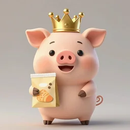 cute happy paper cutout of tan pig wearing a gold crown holding snack bag 8k resolution, award winning, realistic, cinematic concept art