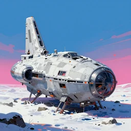 Abandoned spaceship covered partially in snow, vibrant digital concept art painting by greg rutkowsky and Santeri Soininen, trending on artstation