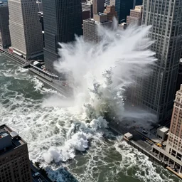tsunami crashing over manhattan, water flowing everywhere, bird's eye view, wide shot, cinematic, realistic style, very detailed