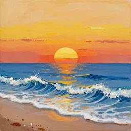 popular decorative art painting with contrasting composition, sunset with sea waves on beach, millennium