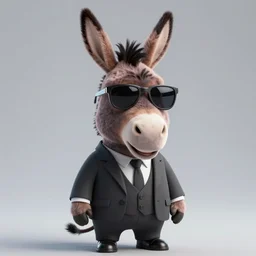 3D render of a donkey character in a suit and wearing cool sunglasses, gray background, amazing detail, artstation