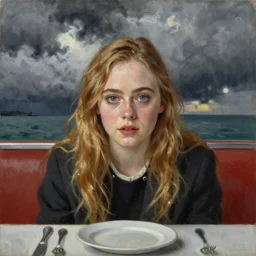 Elle Fanning at a diner, head and shoulders portrait, stormy weather, extremely detailed masterpiece, Roger Deakin’s cinematography, oil on canvas, Johannes Vormeer,
