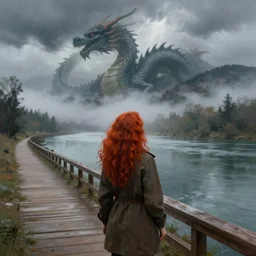 a realistic digital painting of a woman with curly long redhair standing in a boardwalk besides a river looking at a giant dragon in the mountains in a fog during a thunderous weather
