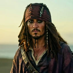 photo portrait of hooded young adult pirate, hood over face, hidden face, caribbean pirate with a brown coat with a rope on shoulder, rugged and dirty, cinematic lighting at sundawn, movie color grading