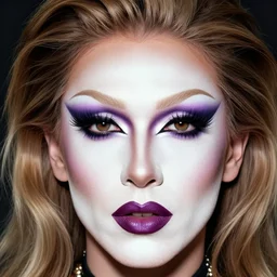 realistic photograph of a drag queen symmetrical facial features by annie leibovitz richard avedon katie grannan 2 0 0 1, harmony korin kodak gold white face paint purple eyeshadow