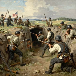 american civil war trench battle in the style of jules breton