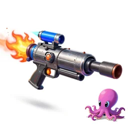 a weapon with splatoon 3 style, metal rocket gun + water gun + flame + water reservoir + barrel nozzle + spray colorful paint + octopus,