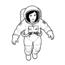 clean simple line art of a woman floating in space. she is an astronaut, wearing a space suit. white background. well composed, clean black and white line drawing, beautiful detailed face. illustration by josan gonzalez and steve ditko and greg rutkowski