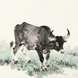 ox in field, traditional chinese ink painting,