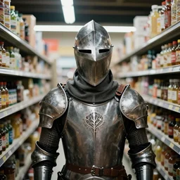 a knight standing in a grocery store aisle, 35mm film grain, bokeh, octane render, hyperdetailed, realistic