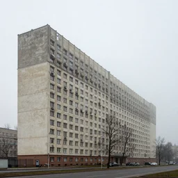 infinity long soviet Plattenbau building is dissapearing in the fog, photo by Andreas Gursky,