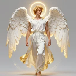 full figure beautiful young fit male angel with curly blond hairs, dressed with fluent clothes, majestic wings, luminous halo, no feet, by greg rutkowski and alphonse mucha, d & d character, gradient white to gold, in front of an iridescent background, highly detailed portrait, digital painting, artstation, concept art, smooth, sharp focus illustration, artstation hq