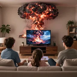 perfect 1 9 5 0 s family watching television while a nuclear war is happening. mushroom cloud h 6 4 0