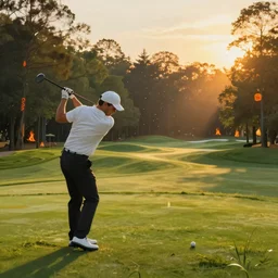 close-up of an athletic golf player on a stunning landscape lush golf course, magical light, golden hour, in the background a burning forest, digital painting, 4k, forest ray light, particles light, by sasha kalinkin, Noah Bradley, ilya kuvshinov