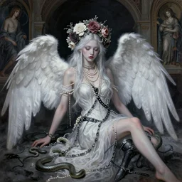 single figure, occult, pastel goth, flower crown, fallen angel, pearls, chains, serpent, leather, bismuth, style mix of peter chung, shepard fairey, botticelli, vatican, pre - raphaelites, shoujo manga, dramatic dark atmosphere, oil slick, superfine inklines, ethereal, 4 k photorealistic