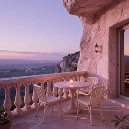 a high definition film photograph pov holiday balcony in dream state alien world. pastel pink stone, lavender sky, table, chairs, candle. ambient light. refraction. sunset.