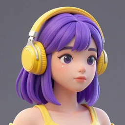girl in yellow headphones with purple hair, concept art, character, artstation, render 3D,