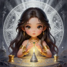 a portrait of girl fortuneteller, gold bracelets, gold necklace, magic circle, silver magic, portal background, god rays, fantasy, dungeons and dragons, an ultrafine detailed painting, chibi, detailed painting, boris valejo. octopath traveler decal!!!