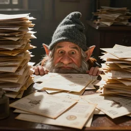 a bewildered dwarf peering over the edge of his desk with only the top half of his face exposed, the desk being covered in sprawling piles of mail