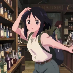 anime visual, portrait of a young female traveler in a alchemist's potion shop interior shopping, low light, cute face by ilya kuvshinov, yoh yoshinari, makoto shinkai, katsura masakazu, dynamic pose, dynamic perspective, cel shaded, flat shading mucha, crisp and sharp, rounded eyes, moody, detailed facial features, pink tint