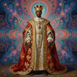 beautiful oil painting, full length portrait of Ethiopian dauphin in baroque coronation robes 1701, Dan Mumford, Dan Mumford, Alex grey, hyacinthe rigaurd, highly detailed , lsd visuals, dmt fractal patterns, visionary art, psychedelic art, ornate, vaporwave, baroque, Greg rutkowski