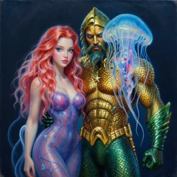 intricate five star portrait of aquaman as a jellyfish man and his wife as jellyfish woman, oil on canvas, hdr, high detail, photo realistic, hyperrealism, matte finish, high contrast, 3 d depth, centered, masterpiece, vivid colors, enhanced light effect, enhanced eye detail, artstationhd