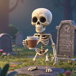 a funny skeleton character holding a cup of coffee on a cemetery. pixar disney 4 k 3 d render funny animation movie oscar winning trending on artstation and behance. ratatouille style.