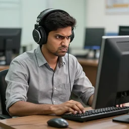 Angry Indian man wearing headphones and using his old computer, at job headquarters, dslr photo