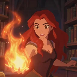 animation still frame of an attractive female sorceress ( long red hair ) casting a fire spell, high angle closeup portrait, blurry background of the library, disney, pixar, bloom, medium shot, dramatic lighting, in the style of studio ghibli, j. c. leyendecker, greg rutkowski, artgerm