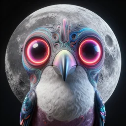 tucan on the moon with neon cute giant eyes, intricate abstract. intricate artwork, by tooth wu, wlop, beeple, dan mumford. concept art, octane render, trending on artstation, greg rutkowski very coherent symmetrical artwork. cinematic, key art, hyper realism, high detail, octane render, 8 k, iridescent accents