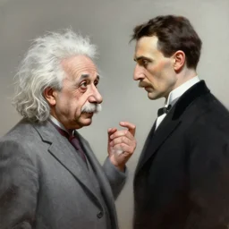 painted portrait of einstein fighting nikola tesla, side viewfantasy intricate elegant extremely detailed digital painting trending artstation concept art sharp focus illustration art by alphonse mucha greg rutkowski craig mullins