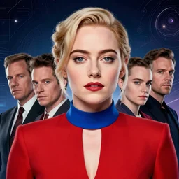 retrofuturistic portrait of a emma stone wearing red jumpsuit with blue collar, space graphics in background, close up, quint buchholz, wlop, dan mumford, artgerm, liam brazier, peter mohrbacher, raw, featured on artstation, octane render, cinematic, elegant, intricate, 8 k